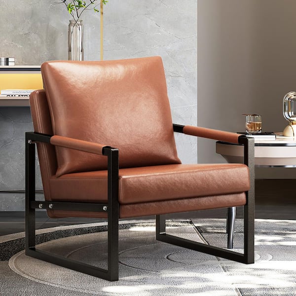 Tatahance Brown PU Leather Accent Arm Chair with Metal Frame Extra Thick Padded Backrest W115149236 Z