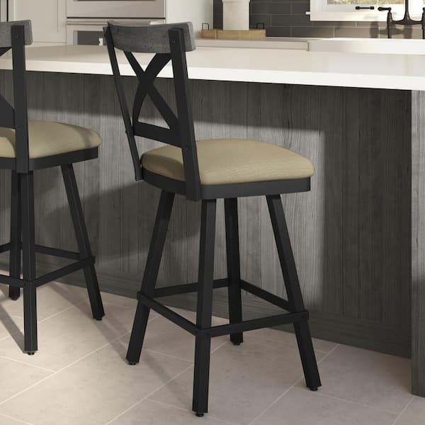 Amisco Snyder 27 in. Beige Fabric/Black Metal Swivel Counter Stool