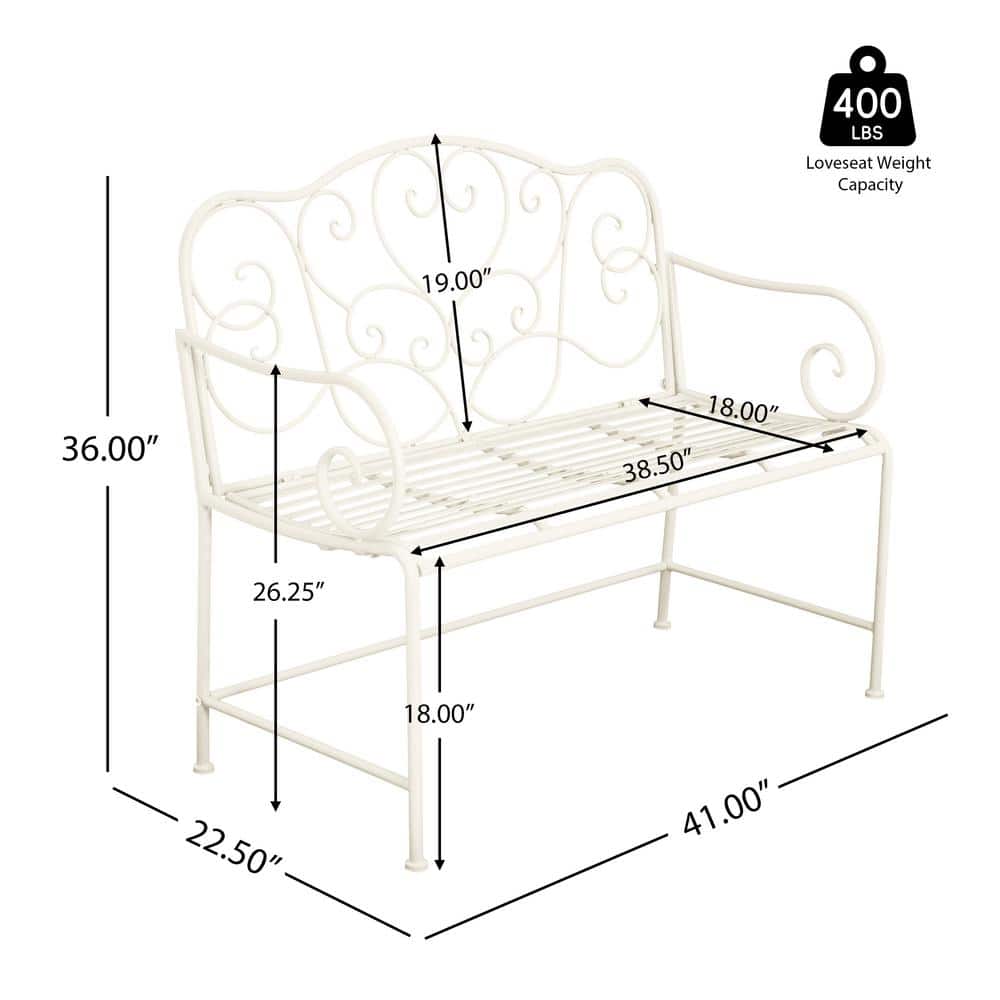 Matte White Iron Outdoor Garden Bench with Floral Design, 41"