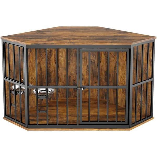 VEIKOUS Dog Crate Furniture Corner Indoor Dog Kennel Pet House Dog Cage Storage Cabinet with 2-Stainless Bowls, Brown