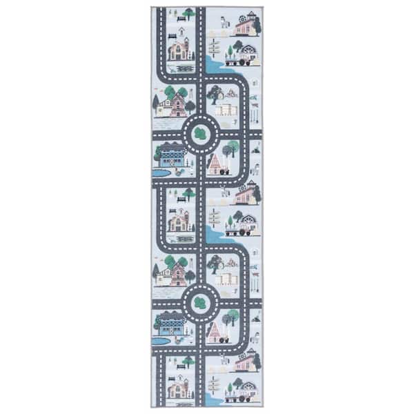 Kids Playhouse 2 ft. x 6 ft. Blue/Dark Gray Neighborhood Roads Runner Rug