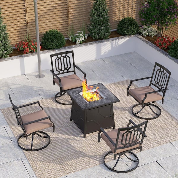 PHI VILLA Black 5-Piece Metal Swivel Chairs Patio Fire Pit Conversation Set with Beige Cushions