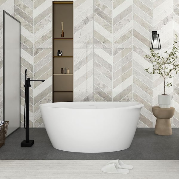 JimsMaison 59 in. x 29 in. Acrylic Freestanding Flatbottom Soaking Bathtub with Right Drain in White