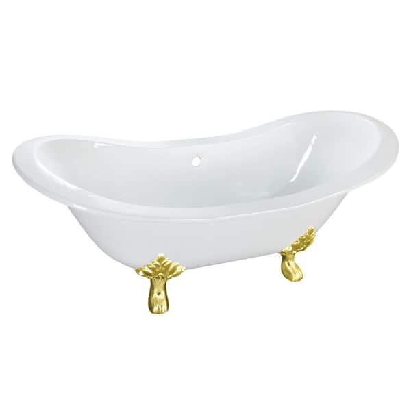 Aqua Eden 61 in. x 30.1 in. Cast Iron Oval Clawfoot Soaking Bathtub in White/Polished Brass