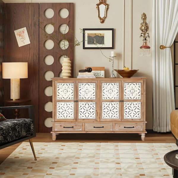 59 in. Brown Wood Accent Cabinet-4-Door 3-Drawer Buffet Sideboard with Adjustable Shelves for Kitchen and Dining
