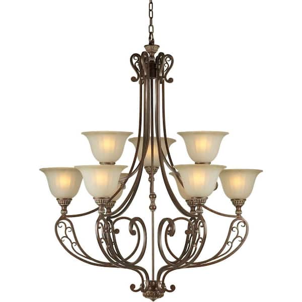 Forte Lighting 9-Light Black Cherry Chandelier with Umber Glass Shade