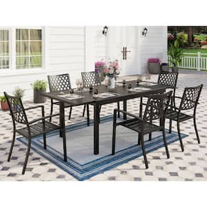 Black 7-Piece Metal Outdoor Patio Dining Set with Extendable Table and Elegant Stackable Chairs