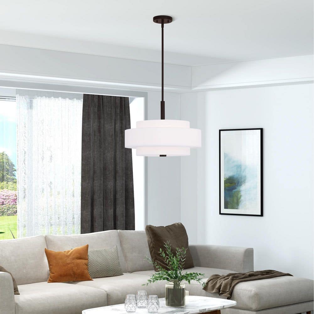 Bronze 4-Light Pendant with Off-White Drum Shade