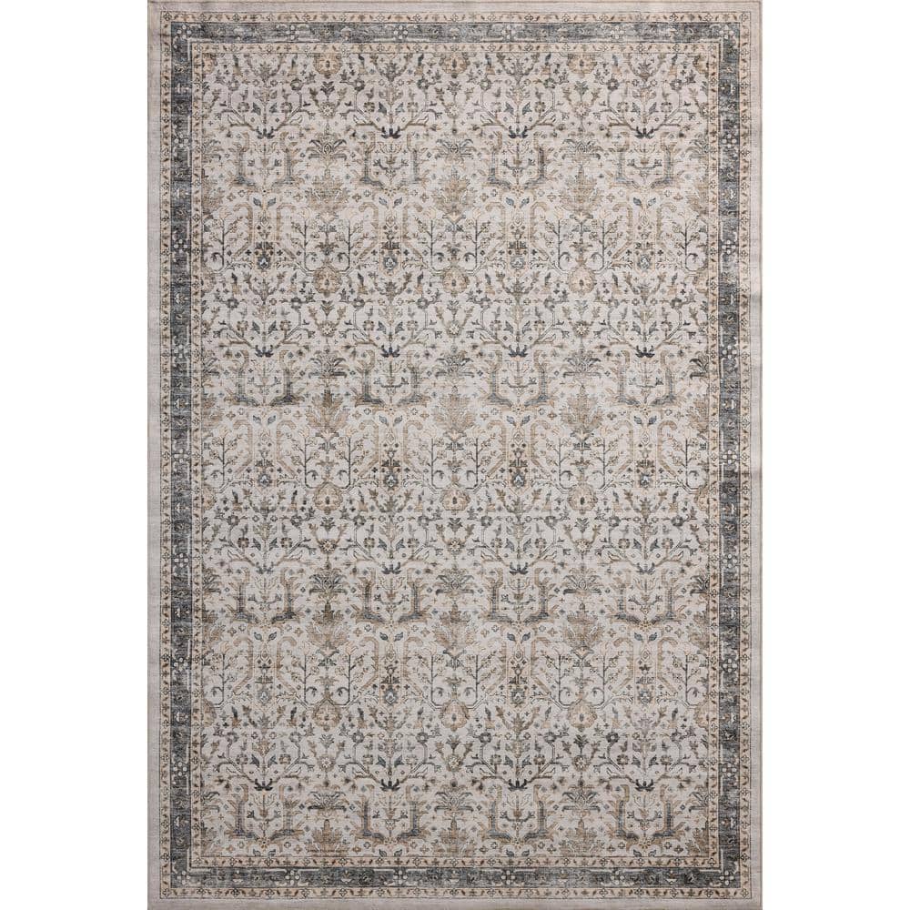 Ivory and Stone Washable Synthetic 5' x 7' Area Rug