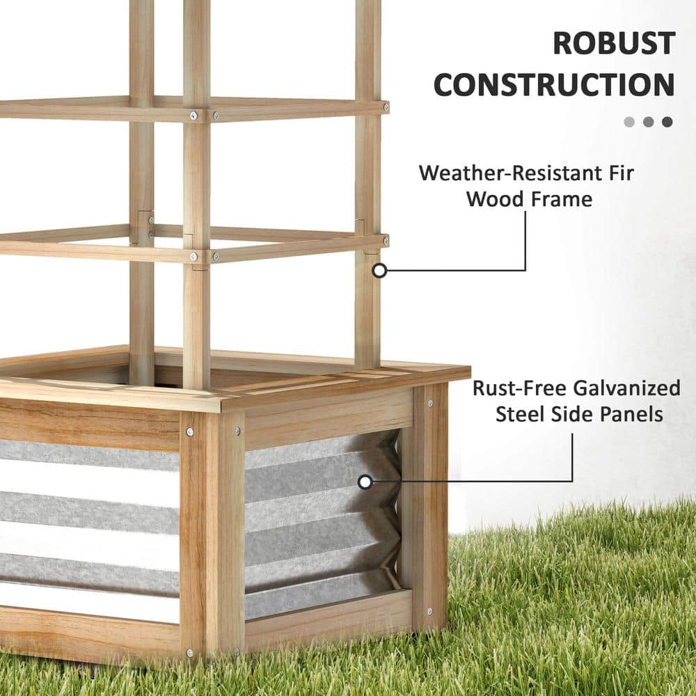 Natural Fir Wood and Galvanized Steel Planter with Trellis