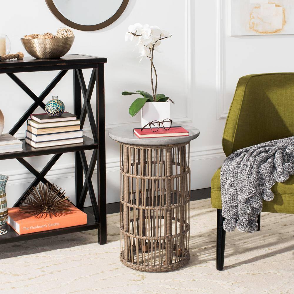Fane 16'' Dark Grey Concrete & Rattan Round Side Table