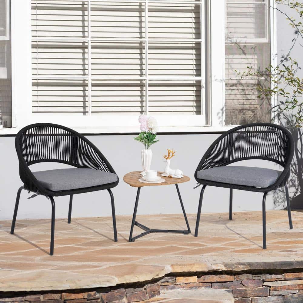 3-Piece Metal Black Woven Rope Outdoor Bistro Set with Grey Cushions