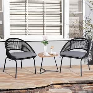 OC Orange-Casual 3-Piece Metal Black Woven Rope Outdoor Bistro Set with Grey Cushions