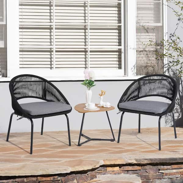 Freestyle 3-Piece Metal Black Woven Rope Outdoor Bistro Set with Grey Cushions