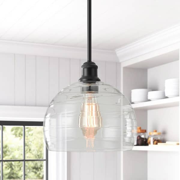 RRTYO Kyra 1-Light Modern Black Ribbed Glass Globe Dome Kitchen Island Pendant Light