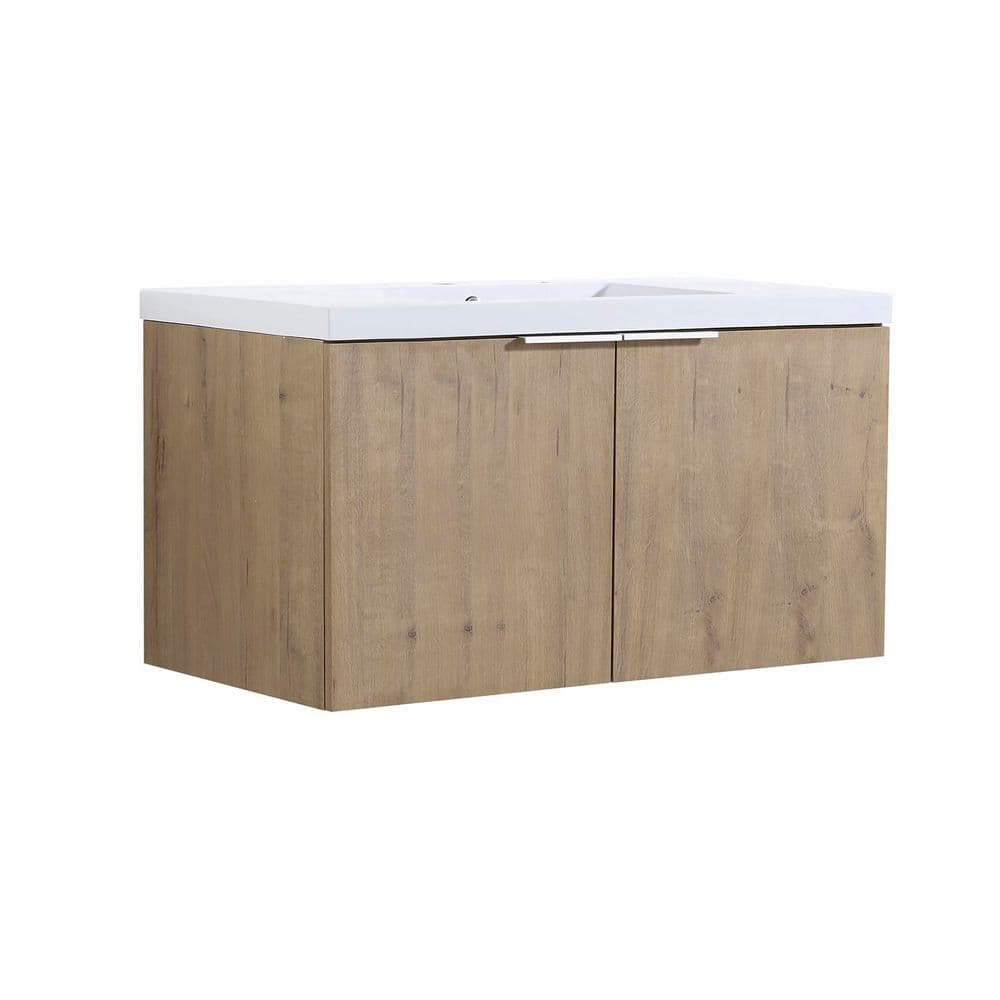 35.43 in. W x 18.12 in. D x 19.25 in. H Floating Wall-Mounted Bathroom Vanity in Imitative Oak with White Resin Top price history on PriceWatchPro