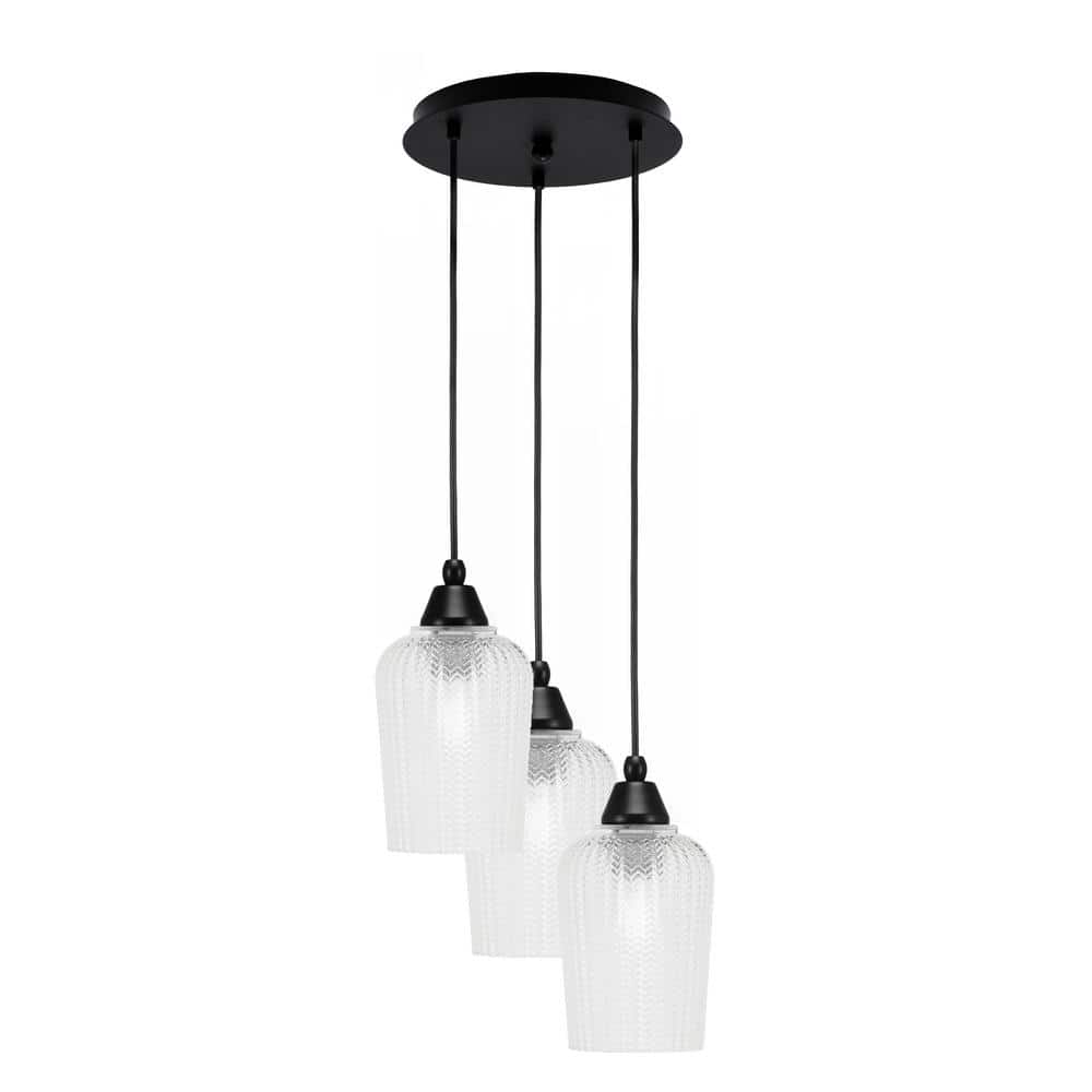 Savannah 11 in. 3-Light Matte Black Cord Pendant Light Clear Textured Glass