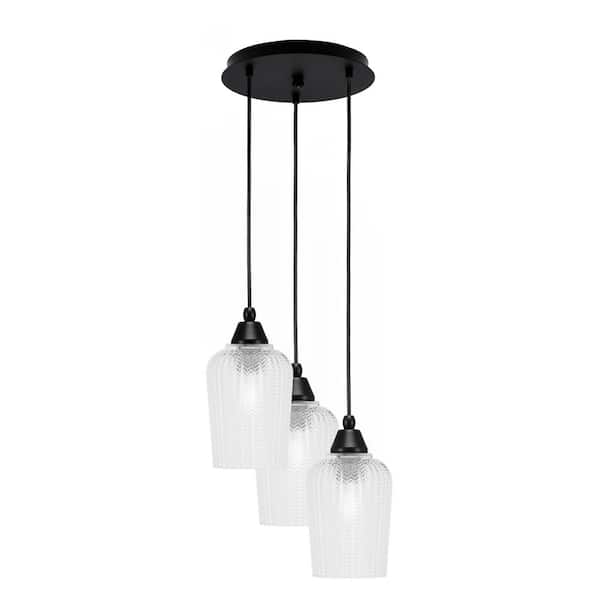Savannah 11 in. 3-Light Matte Black Cord Pendant Light Clear Textured Glass Shade