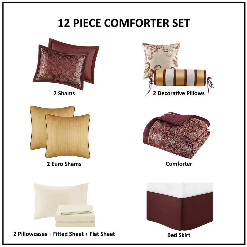 King Red Jacquard Cotton 12-Piece Comforter Set