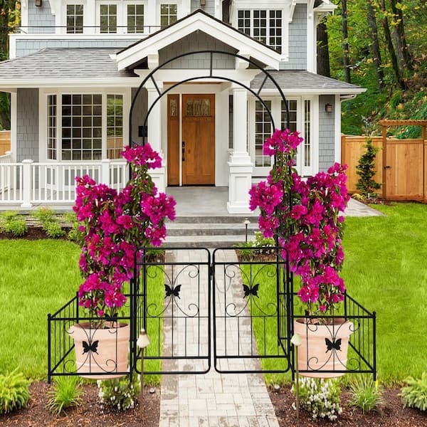 Unbranded 79.5 in. W x 86.6  in. H Metal Outdoor Garden Arch, Climbing Plant Support Rose Arch with Gate, Black