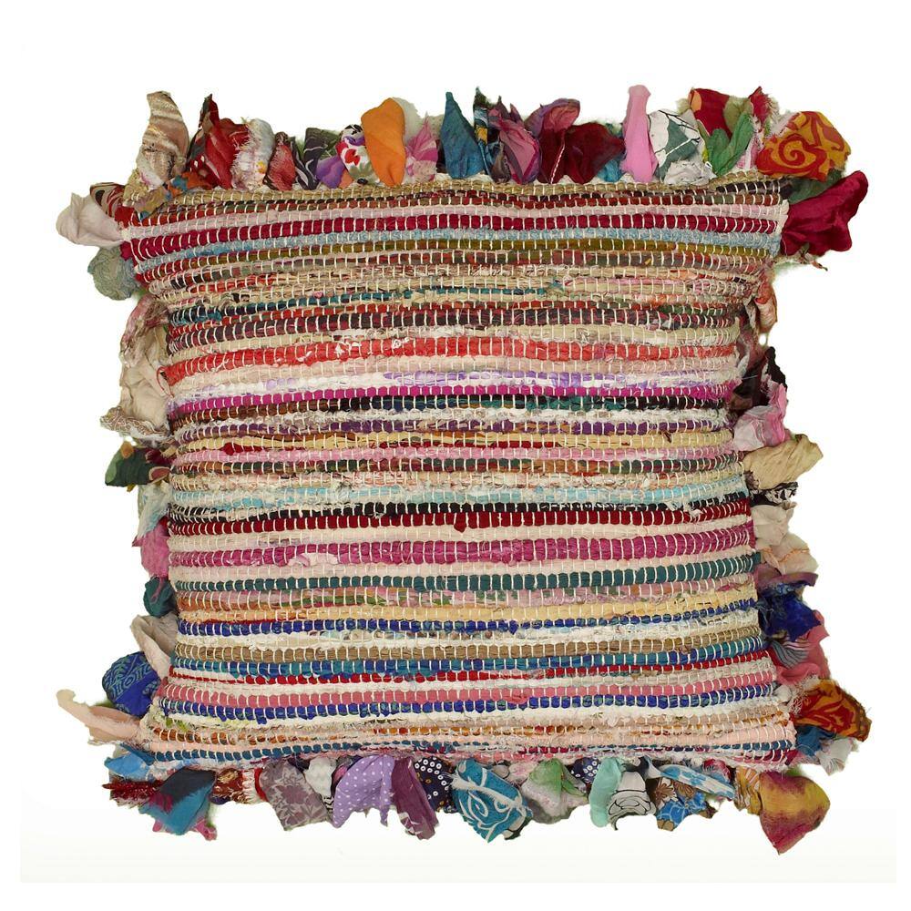 Multicolor Striped Hand-Woven Chindi Floor Pillow, 26" x 26"