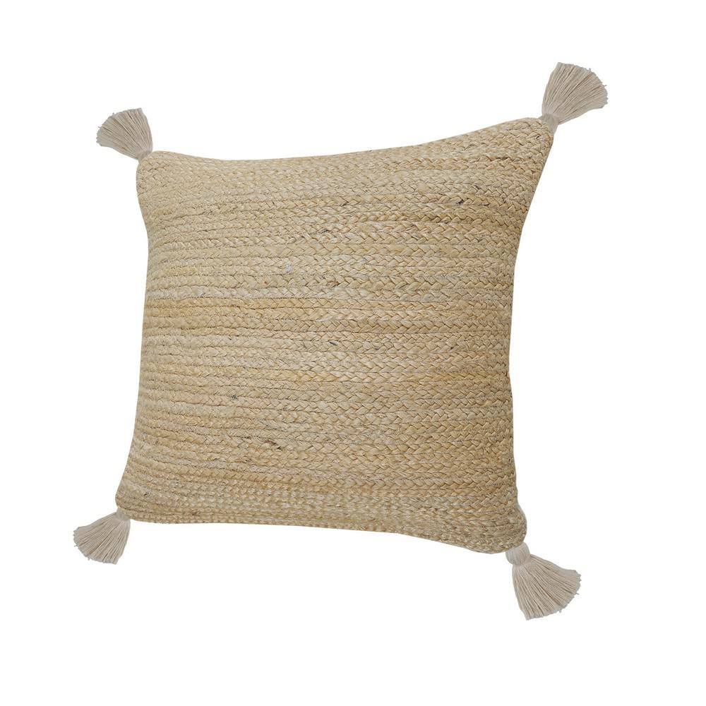 Natural Jute Square Throw Pillow with Tassels, 20" x 20"