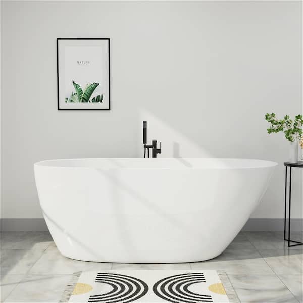 Mokleba 63 in. Acrylic Freestanding Bathtub Flatbottom Single Slipper Soaking SPA Bathtub in Glossy White
