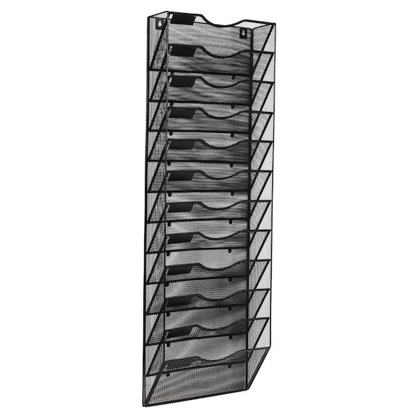 4 in. W x 37.75 in. H Wall Mounted File Organizer, 12 Tier Wire Mesh Document Holder with Metal Label Plates, Black