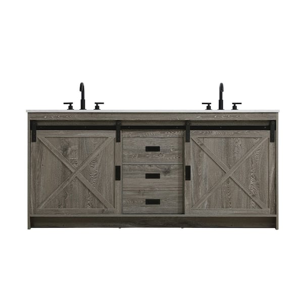 72 in. Double Sink Rustic Grey Bath Vanity with White Engineered Marble Top