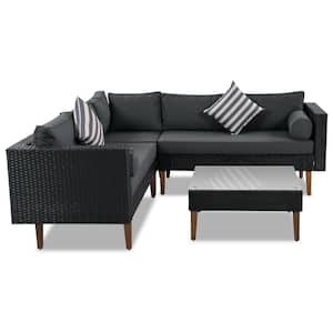 Black 4-Piece Wicker Outdoor Sectional Set, Patio Rattan L-Shape Sofa Set with Colorful Pillows and Gray Cushions