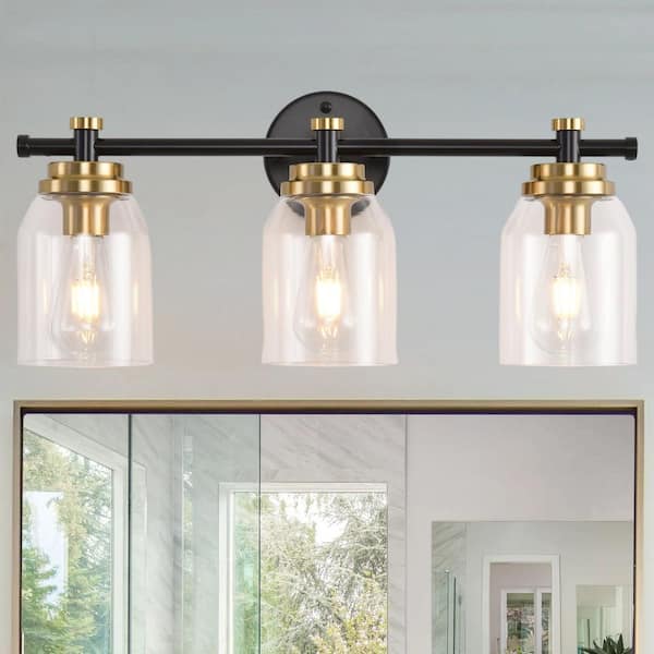 21.65 in. 3 Light Black Gold Vanity Light with Clear Glass Shade Bathroom Light Fixtures Over Mirror Modern Wall Sconces