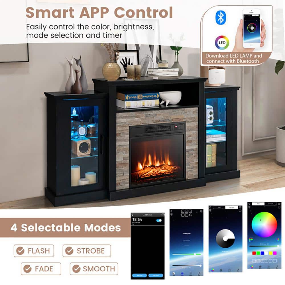 Black MDF TV Stand with Fireplace and LED Lights for 65-inch TVs