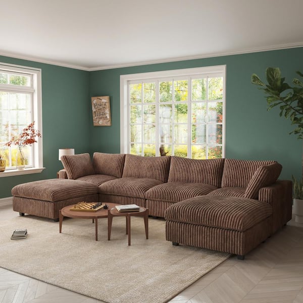 J&E Home 157.48 in. Rabbit Plush Fabric Square Arm 6-Piece U Shaped Modular Sectional Sofa in Brown with Ottoman