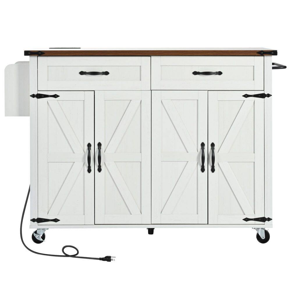 White MDF Kitchen Cart with Drop Leaf and Power Outlet
