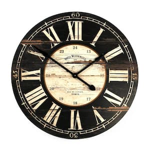 Round Antique Black Roman Numeral Wooden Clock