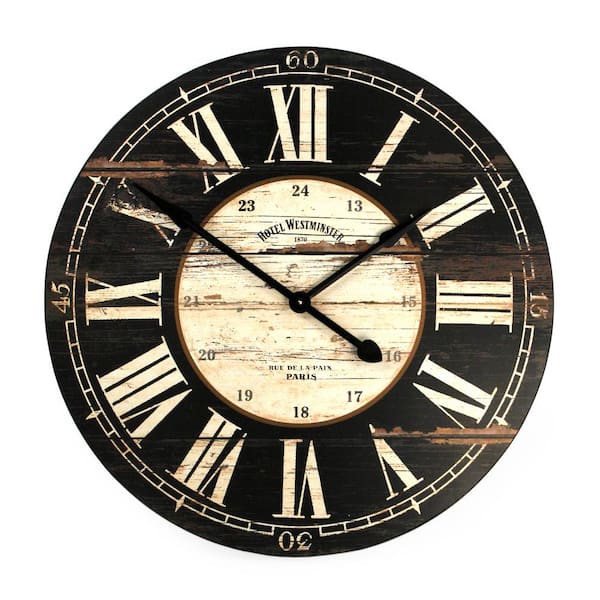 Zentique Round Antique Black Roman Numeral Wooden Clock