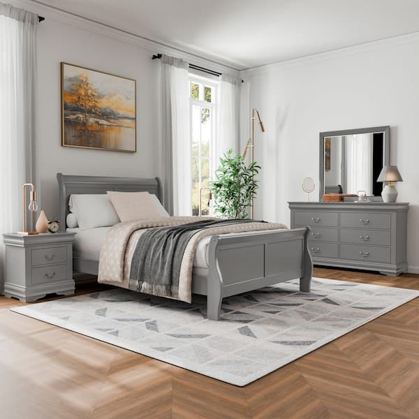 Burkhart II 4-Piece Gray Wood Full Bedroom Set with Nightstand and Dresser/Mirror