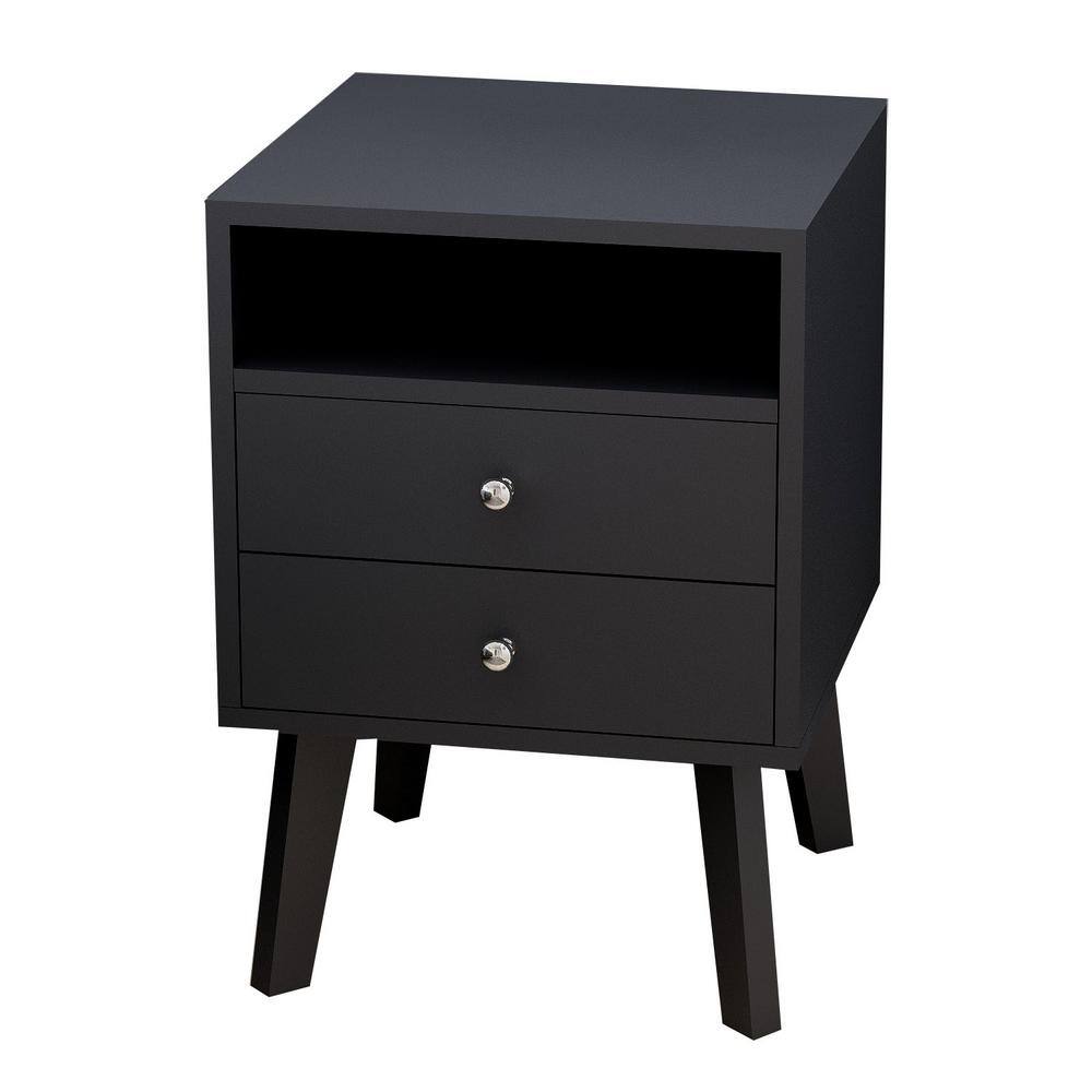 2Drawer Black MidCentury Modern Nightstand with Open Shelves 15.75 in