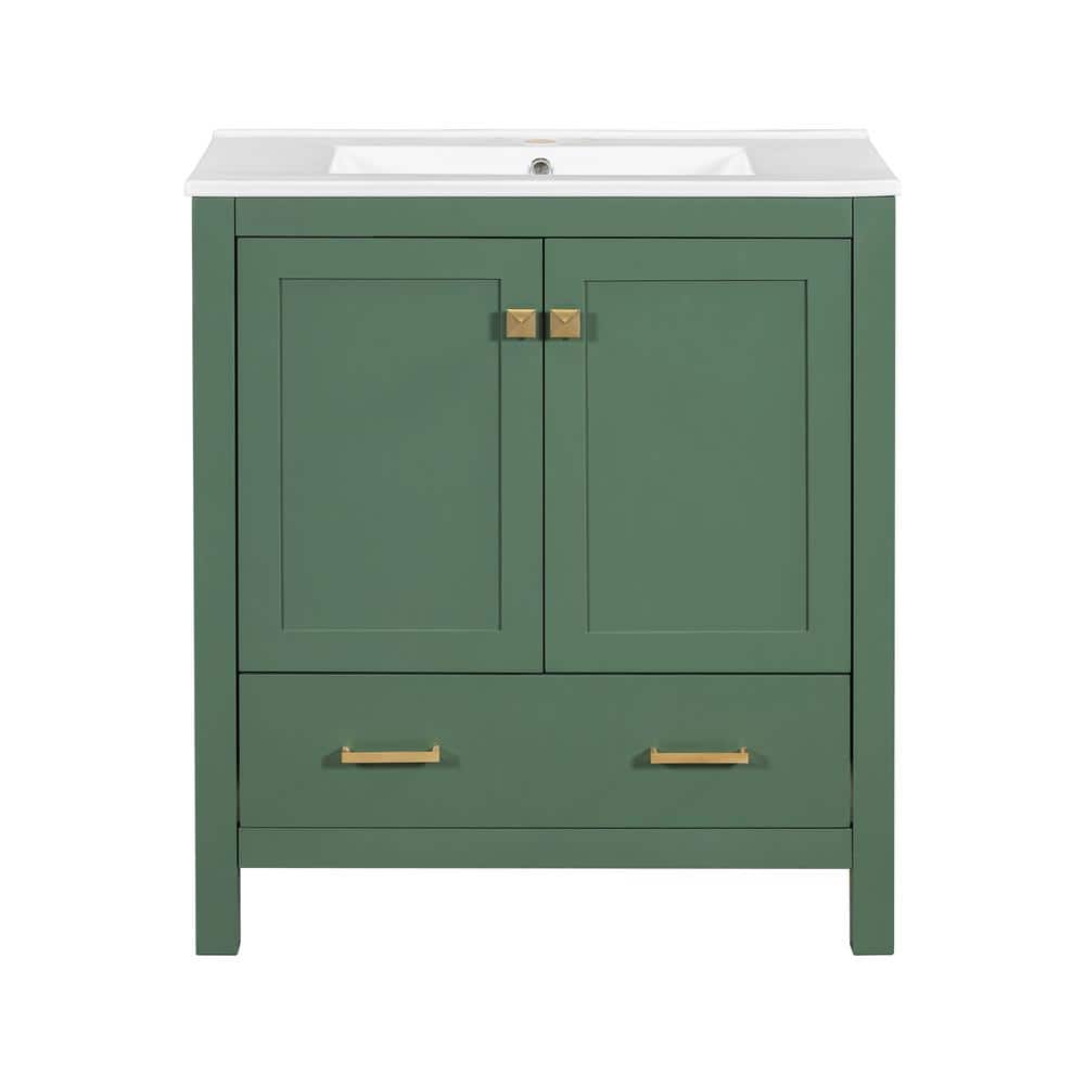 30 in. W Freestanding Bath Vanity in Green with White Ceramic Top