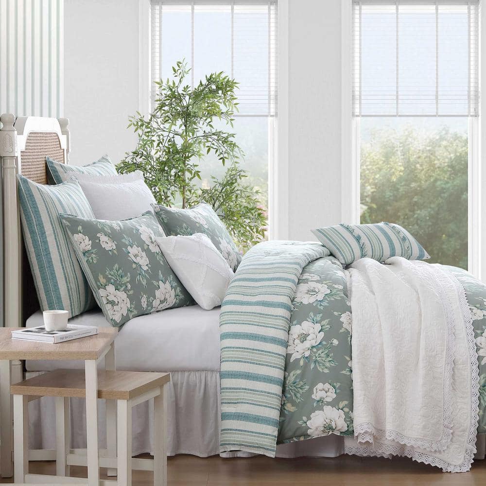 Ivory and Sage Green Cotton Twin Reversible Comforter Set