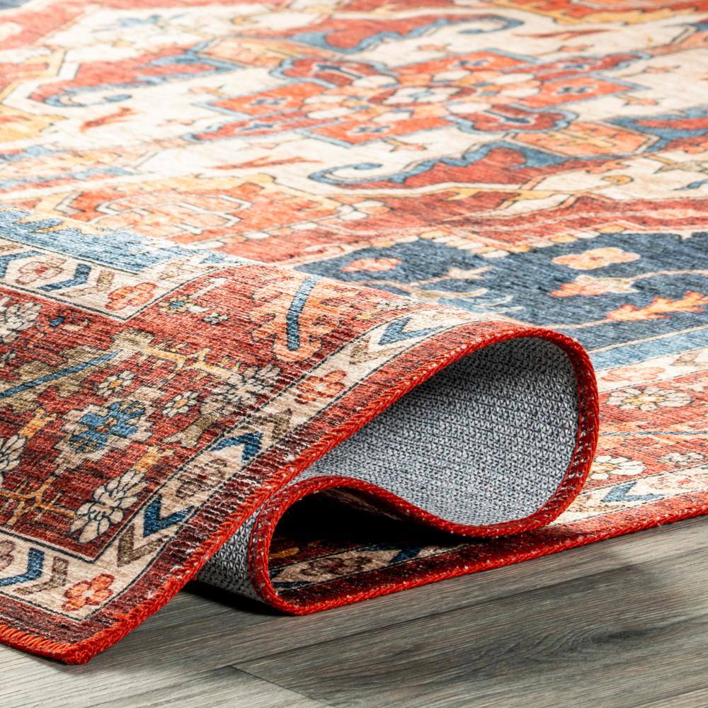 Blue Medallion Synthetic Washable Round Area Rug