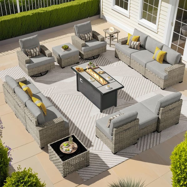 XIZZI Eden Vine 15 Pieces Wicker Rectangular Fire Pit Sets and Swivel Rocking Chairs with Dark Grey Cushion