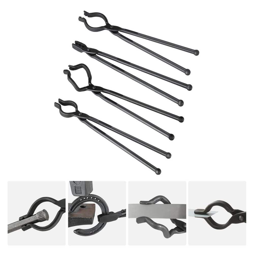 Blacksmith Tongs, 18 in. 4-Pieces, V-Bit Bolt Tongs Wolf Jaw Tongs, Z V-Bit Tongs and Gripping Tongs, Carbon Steel Forge