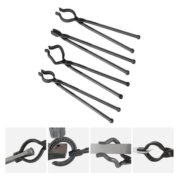 SKYSHALO Blacksmith Tongs, 18 in. 4-Pieces, V-Bit Bolt Tongs Wolf Jaw Tongs, Z V-Bit Tongs and Gripping Tongs, Carbon Steel Forge