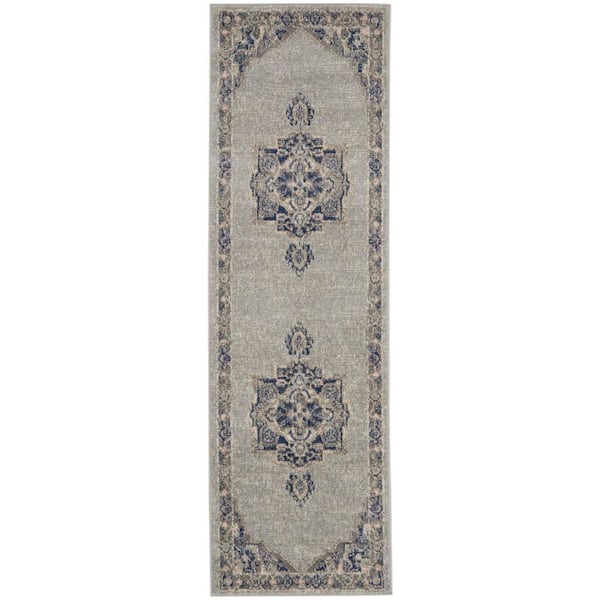 Nourison Tranquil Grey/Navy 2 ft. x 7 ft. Center medallion Traditional Kitchen Runner Area Rug