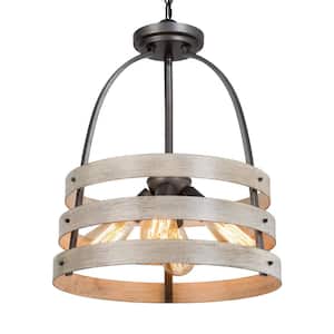 Farmhouse 4-Light Silver Drum Chandelier with Faux Wood Finish and No Bulb Included