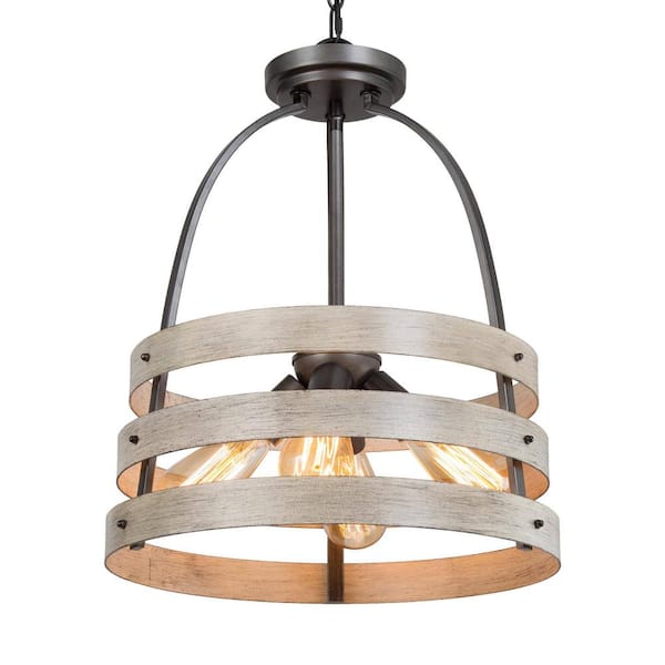 Unbranded Farmhouse 4-Light Silver Drum Chandelier with Faux Wood Finish and No Bulb Included