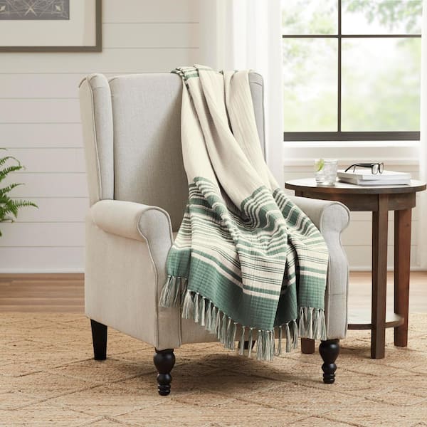 StyleWell Green Stripe Turkish Cotton Gauze Throw Blanket with Fringe