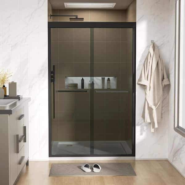 48 in. W x 76 in. H Bypass Sliding Framed Shower Door/Enclosure in Matte Black with Tempered Grey Glass