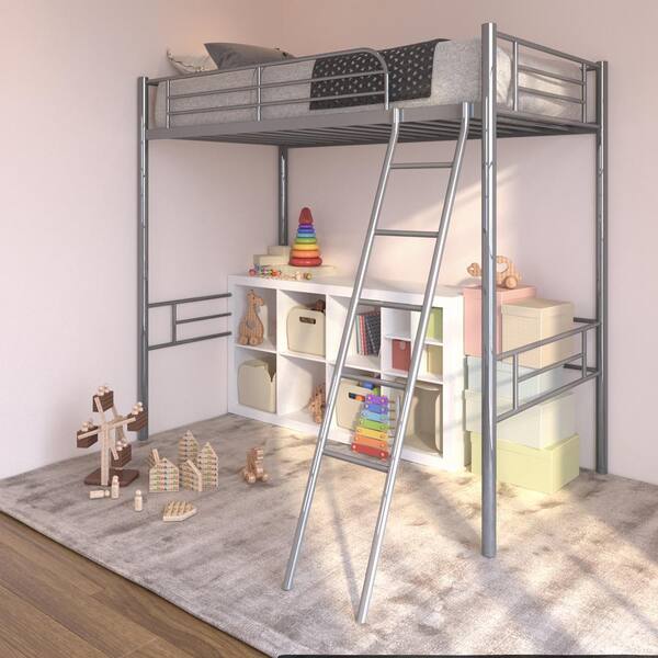 Godeer Silver Twin Metal Loft Bed Whti Ladder W The Home Depot